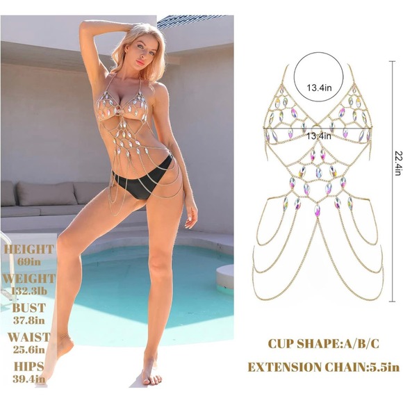 Rhinestone Body Chain Jewelry for Women - Metal Boho Backless Bikini - Picture 5 of 5
